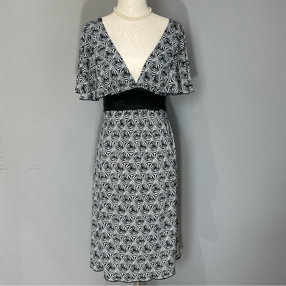 My Michelle Fit and Flair Midi Dress Size M Black with White Print Waist Sash